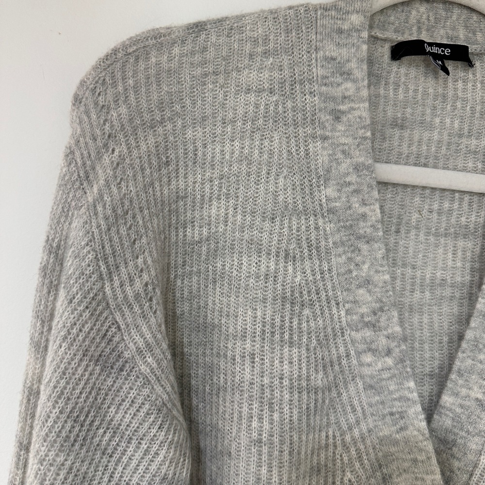 Quince Alpaca Wool V-Neck Cardigan Womens Size M Heather Grey Ribbed Minimalist - Picture 2 of 6